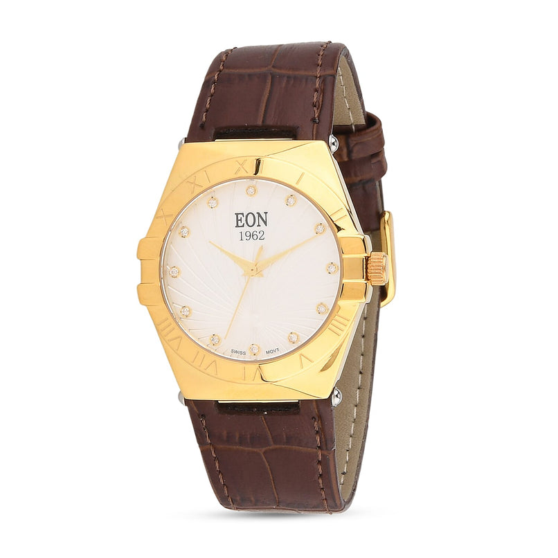 EON 1962 Ronda 763 Limited Edition Swiss Movement VVS/ E-F 12 Lab Grown Diamonds Watch with 5ATM Water Resistance Leather Strap-Brown_8416962