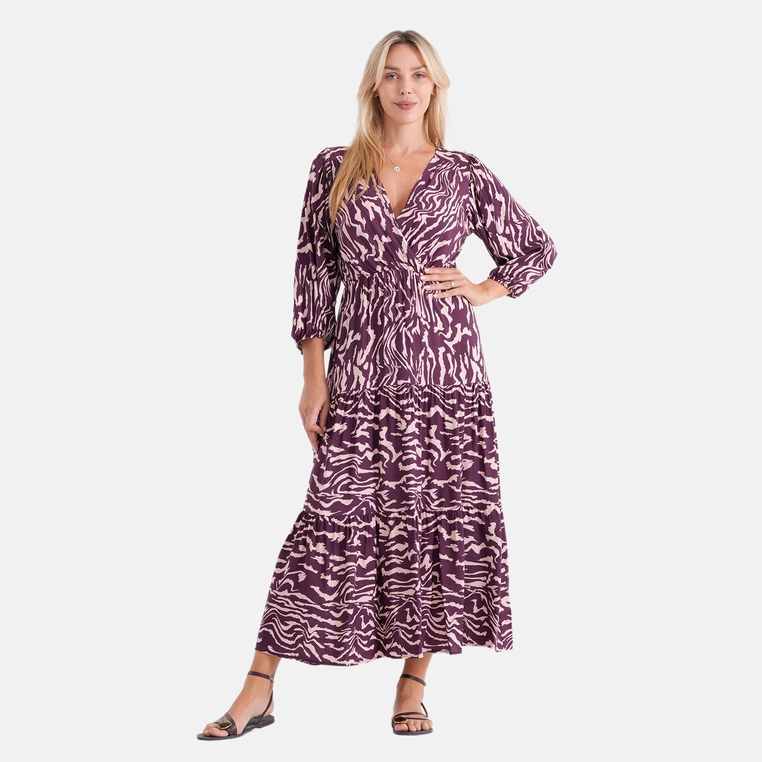 La Marey Viscose Elastic Waist Tiered A-Line Maxi Dress (Size S/M, 8-14) - Peach and Purple 8417106 0