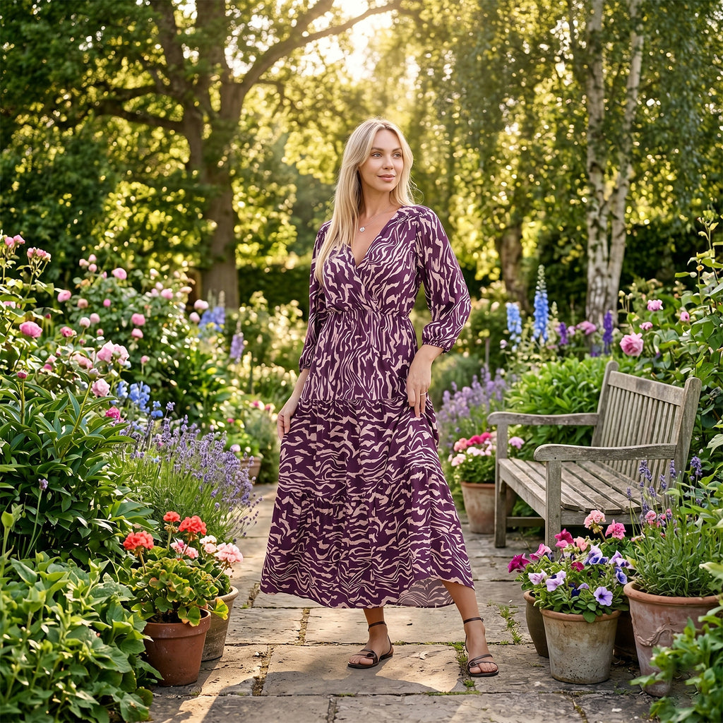La Marey Viscose Elastic Waist Tiered A-Line Maxi Dress (Size S/M, 8-14) - Peach and Purple_8417106_1