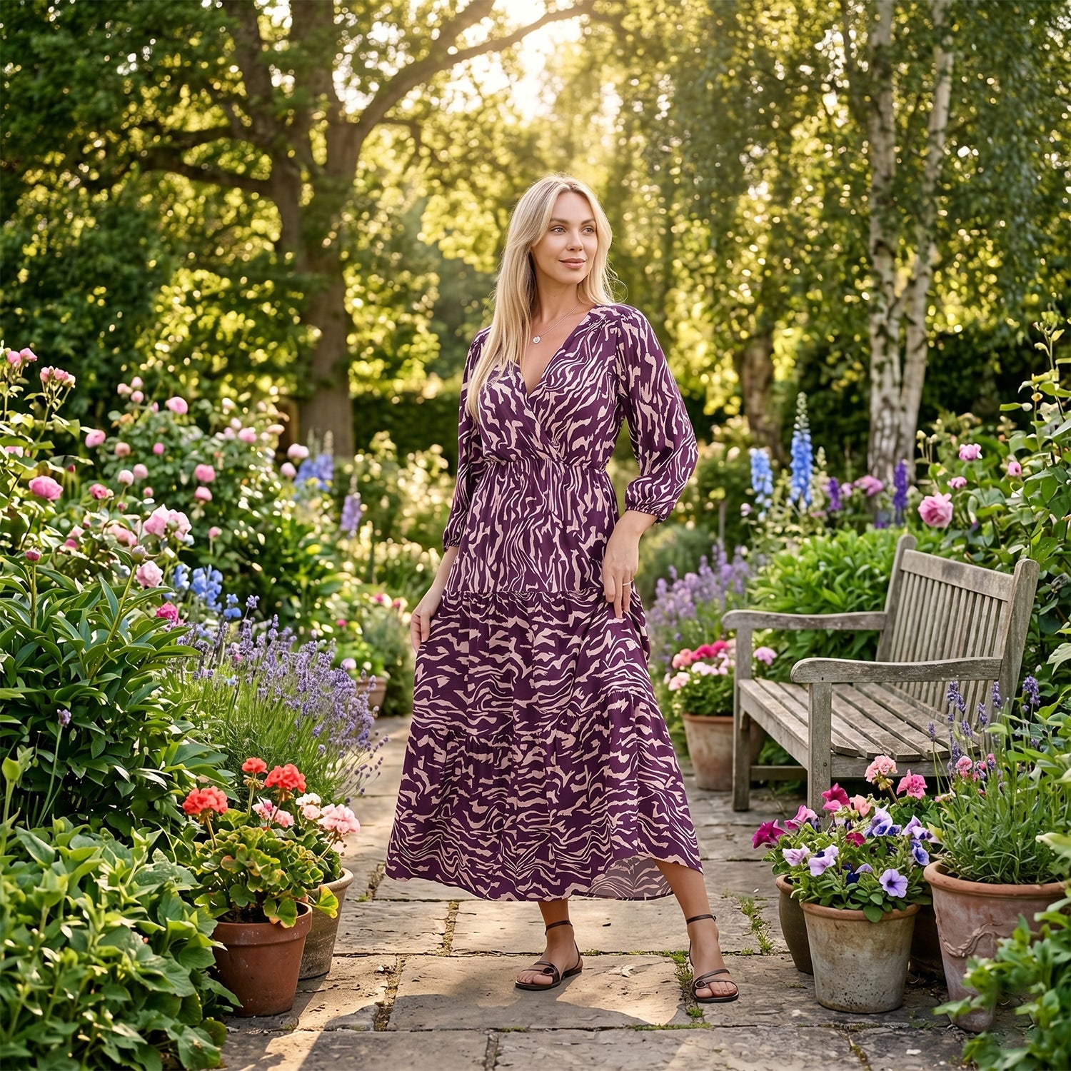 La Marey Viscose Elastic Waist Tiered A-Line Maxi Dress (Size S/M, 8-14) - Peach and Purple 8417106 2