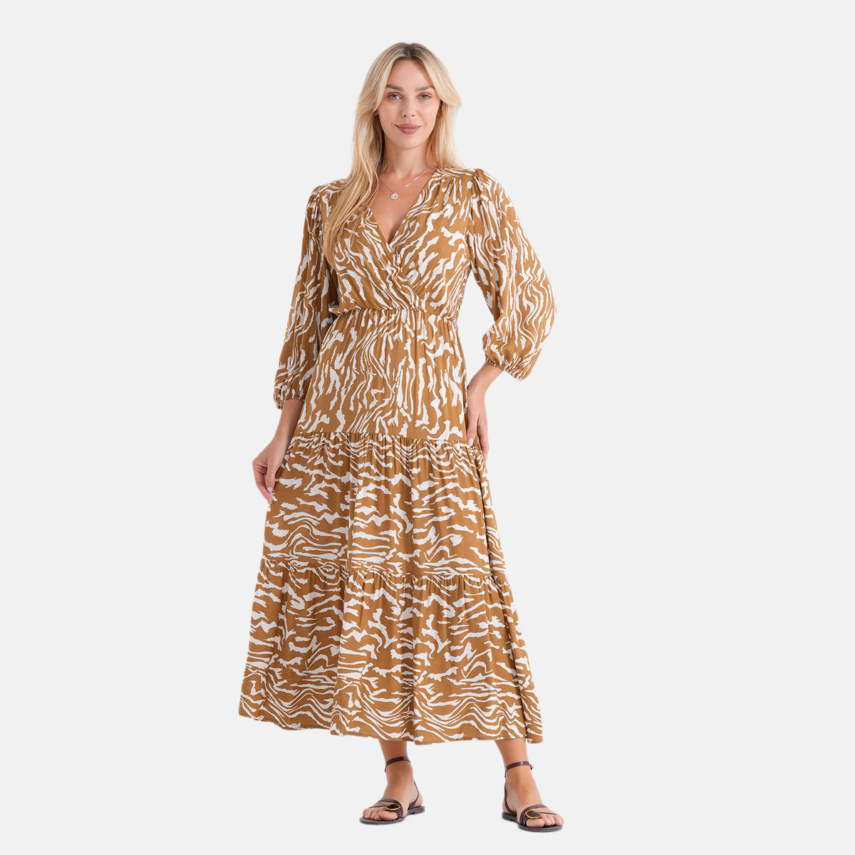 La Marey Viscose Elastic Waist Tiered A-Line Maxi Dress (Size L/XL, 16-22) - White &amp; Gold V32614241 0