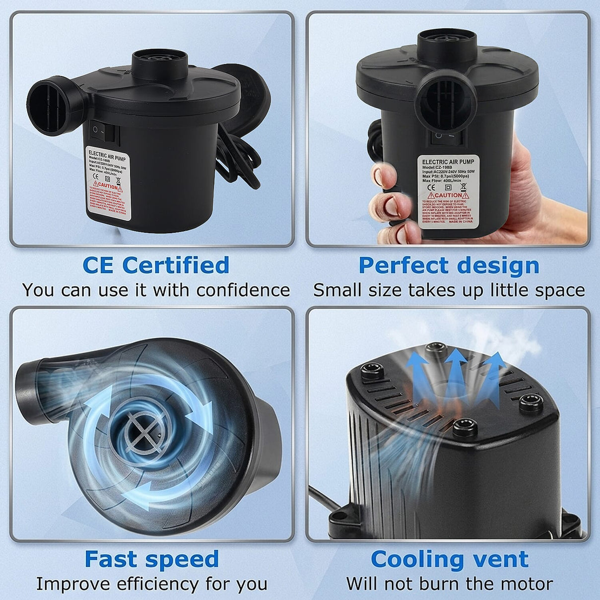 Multi-Purpose 50W High-Volume AC Electric Air Pump - 400L-Min 0.7Psi Fast Air Pump for Mattresses Pools Toys - Black 8418231 2