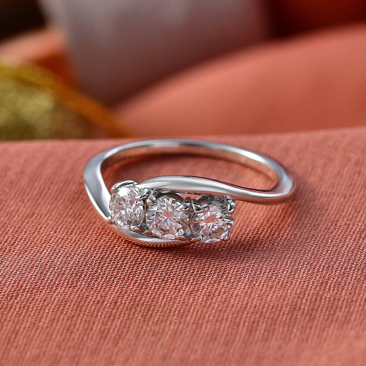 D'Joy Moissanite Trilogy Bypass Round Ring in Platinum Overlay Sterling Silver 8418522 2