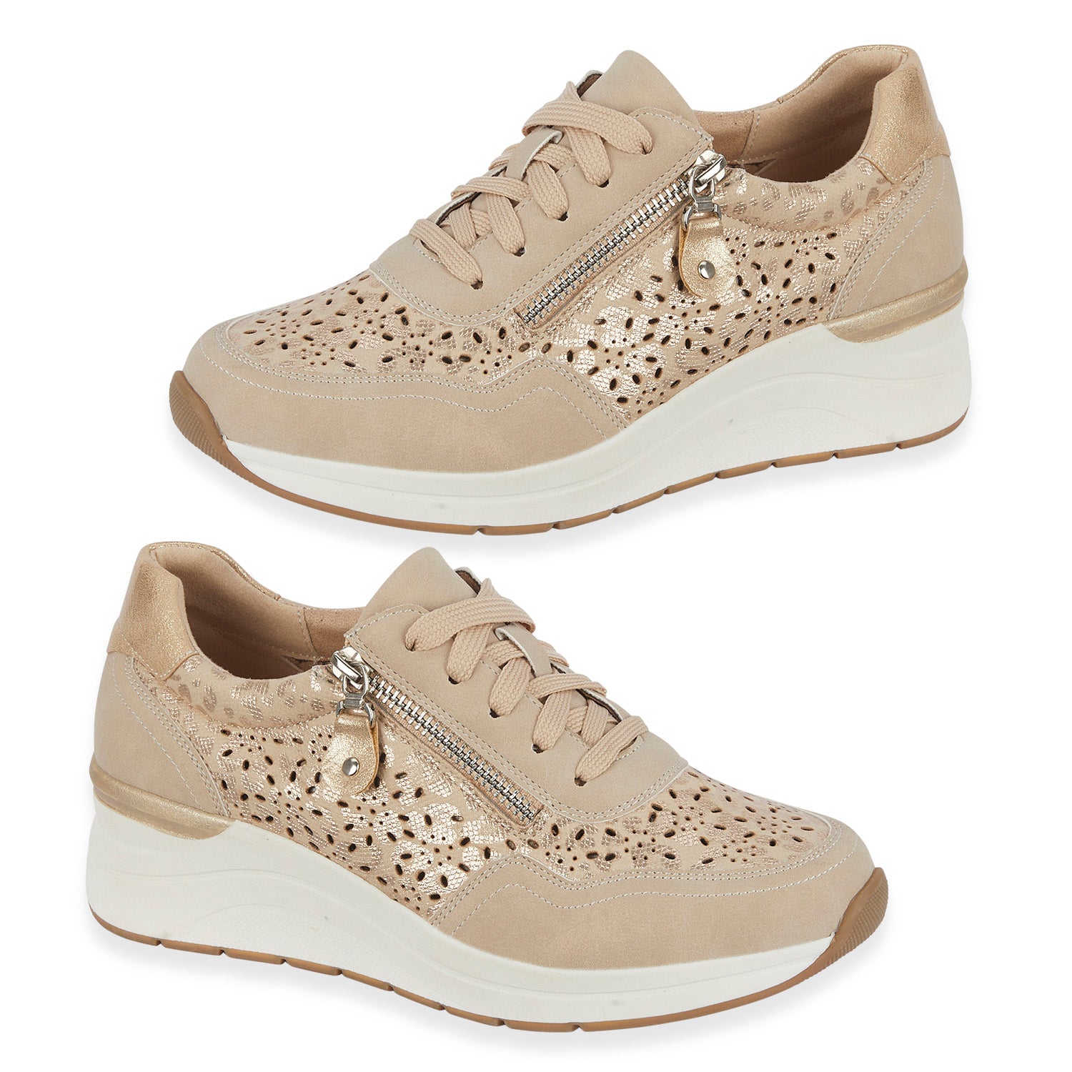 Shoreditch Womens Metallic Wedge Lace Up Sneakers With Side Zip (Size 4) - Beige V32516732 0