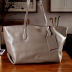 100% Premium Full Grain Leather Tote with Matching Card Bag - Beige_8419636_1