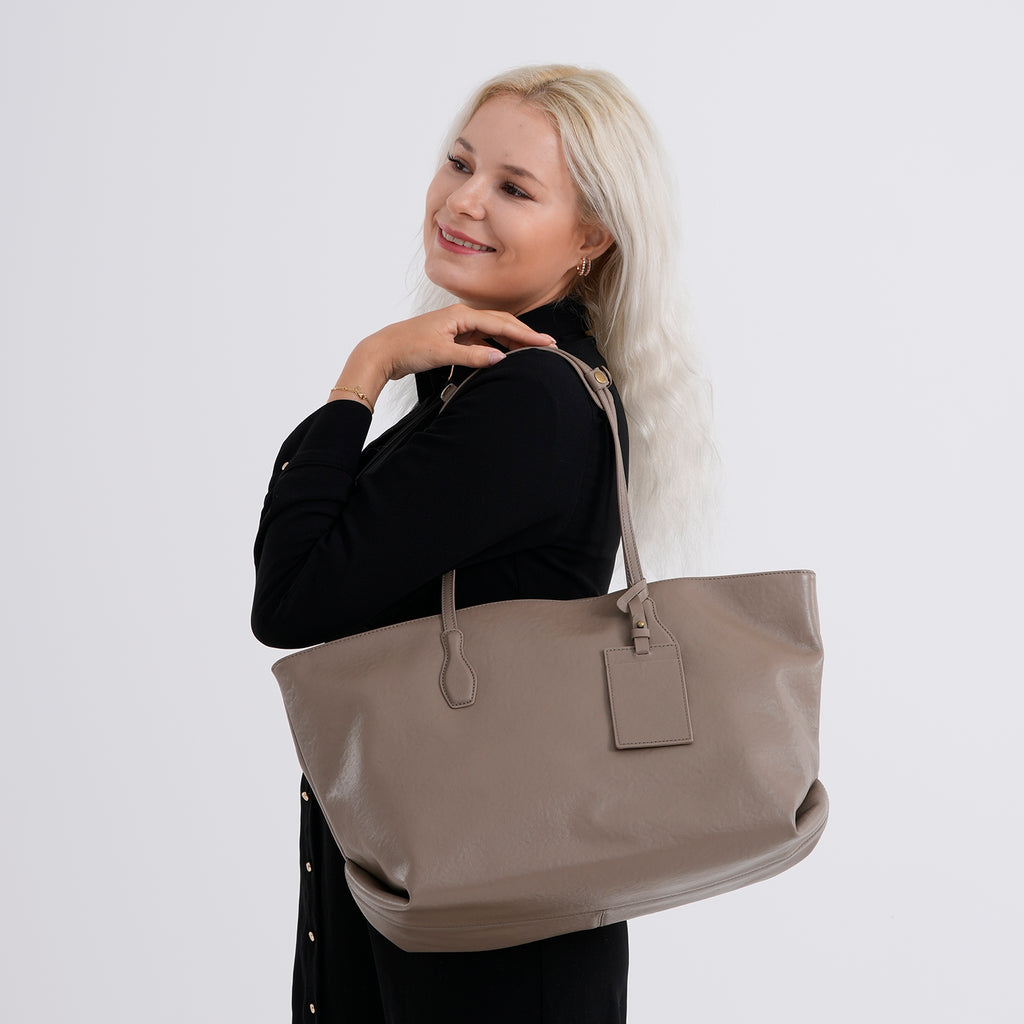 100% Premium Full Grain Leather Tote with Matching Card Bag - Beige_8419636_2