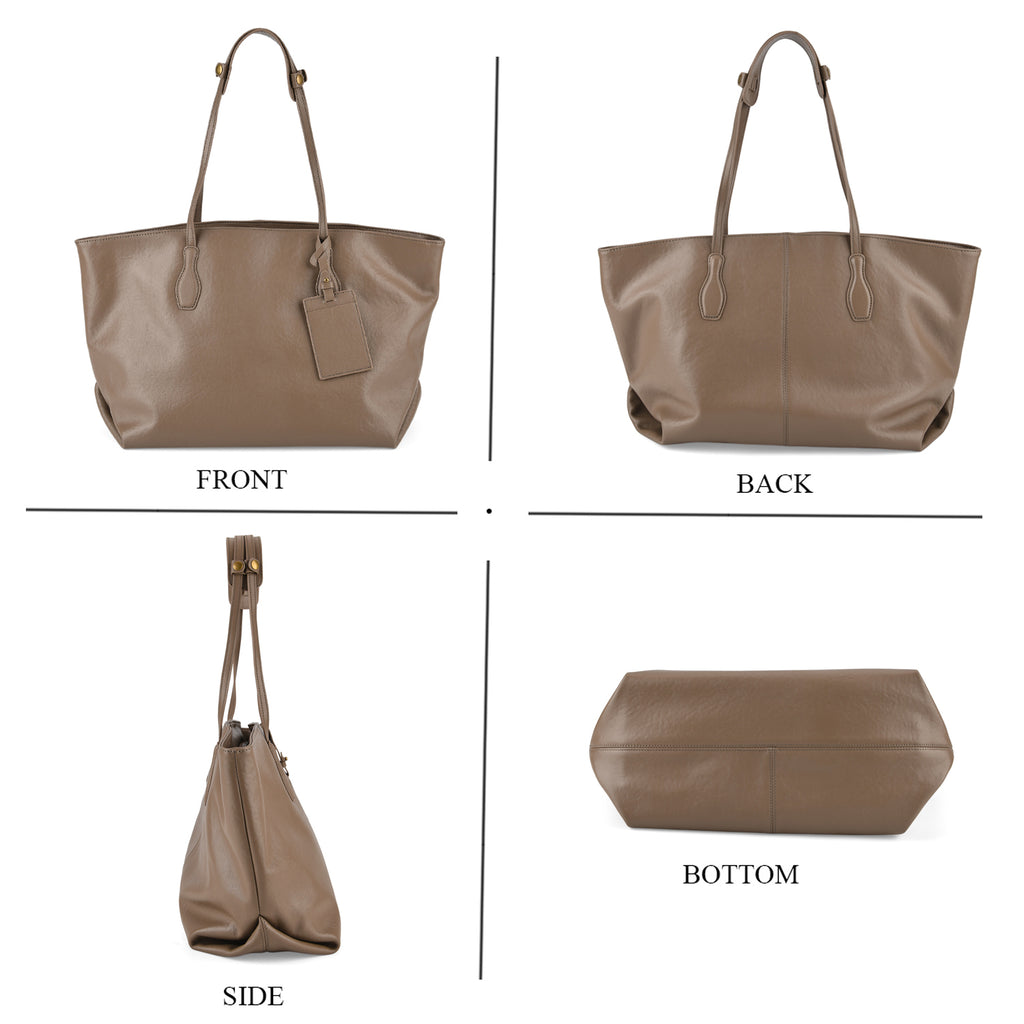 100% Premium Full Grain Leather Tote with Matching Card Bag - Beige_8419636_4