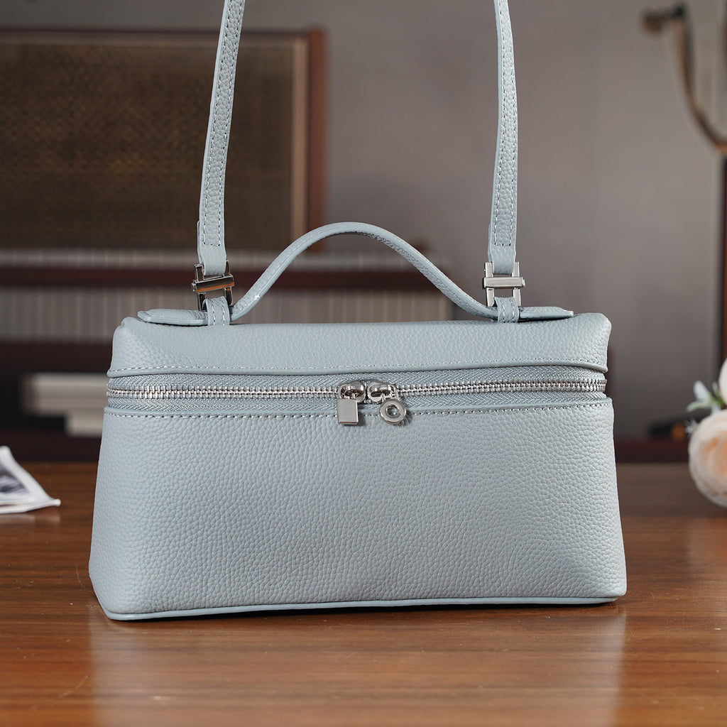 Genuine Leather Designer Minimalist Zipper Crossbody Top Handle Box Bag - Light Grey_8419653_1