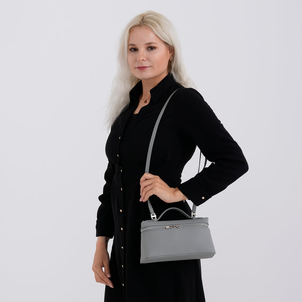 Genuine Leather Designer Minimalist Zipper Crossbody Top Handle Box Bag - Light Grey_8419653_2