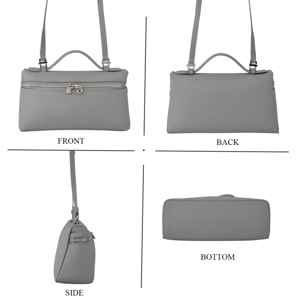 Genuine Leather Designer Minimalist Zipper Crossbody Top Handle Box Bag - Light Grey_8419653_4