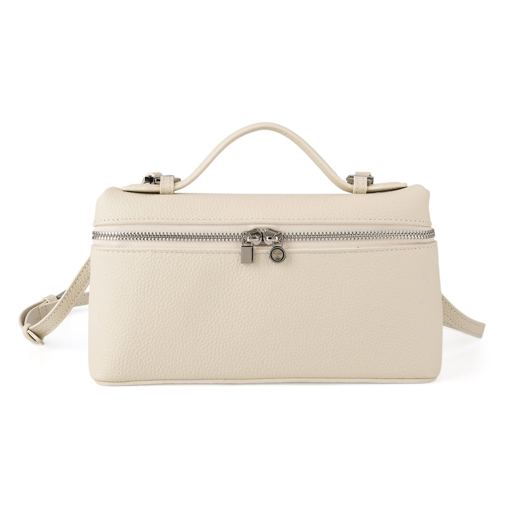 Genuine Leather Designer Minimalist Zipper Crossbody Top Handle Box Bag - Off White_8419654