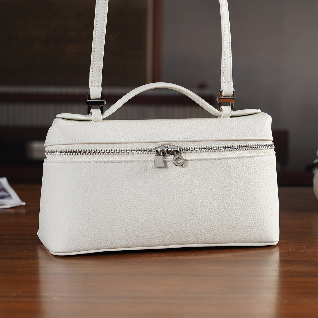 Genuine Leather Designer Minimalist Zipper Crossbody Top Handle Box Bag - Off White V32519996 2