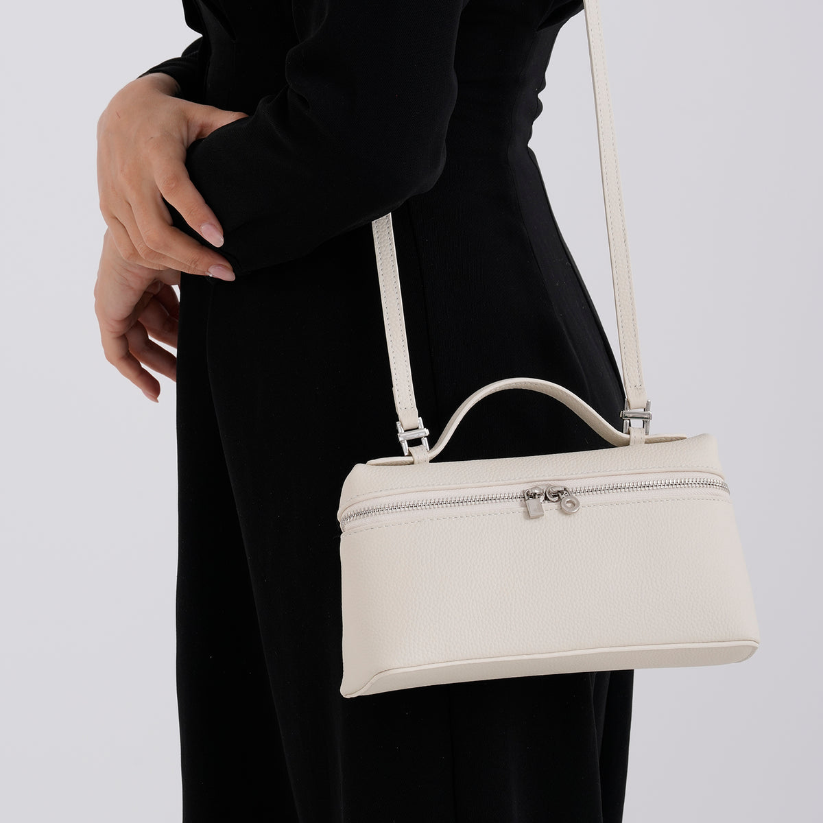 Genuine Leather Designer Minimalist Zipper Crossbody Top Handle Box Bag - Off White V32519996 4