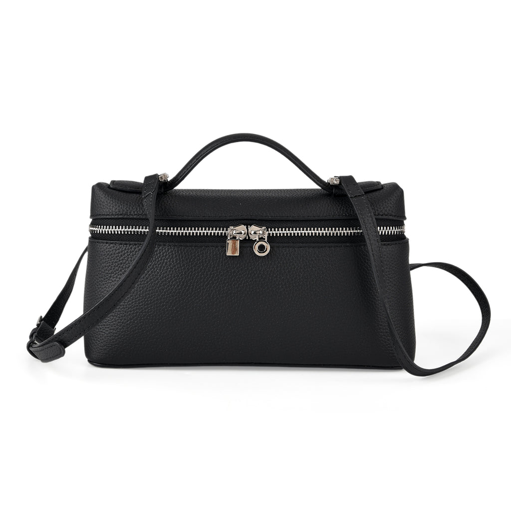 Genuine Leather Designer Minimalist Zipper Crossbody Top Handle Box Bag - Black_8419655