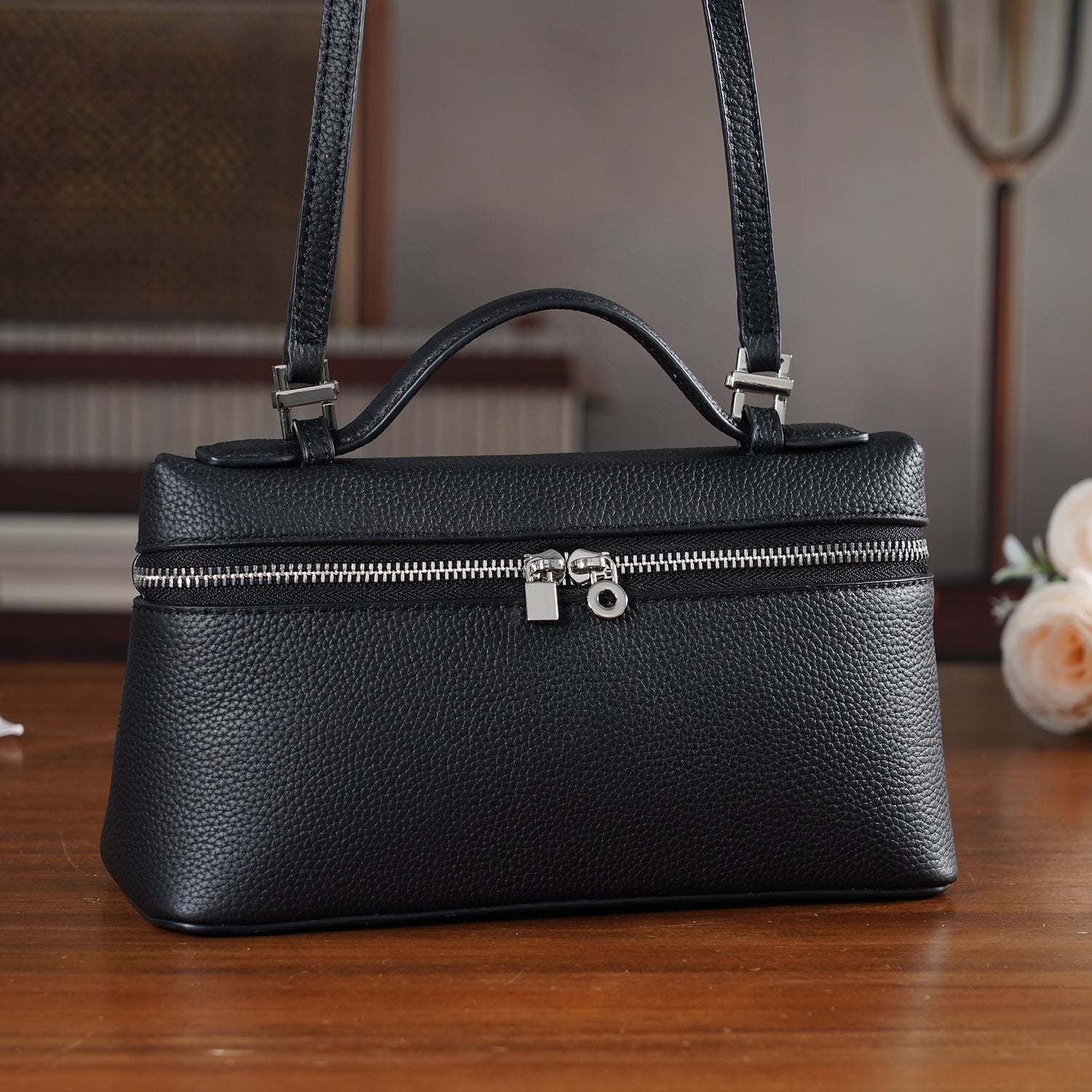 Genuine Leather Designer Minimalist Zipper Crossbody Top Handle Box Bag - Black V32521081 2