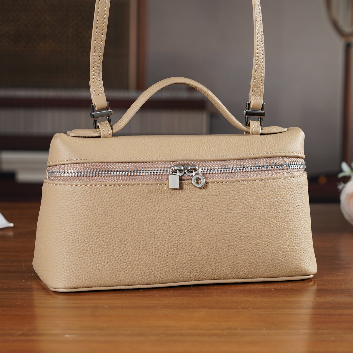 Genuine Leather Designer Minimalist Zipper Crossbody Top Handle Box Bag - Khaki V32520454 2