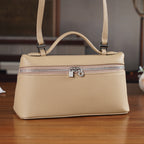 Genuine Leather Designer Minimalist Zipper Crossbody Top Handle Box Bag - Khaki_8419656_1