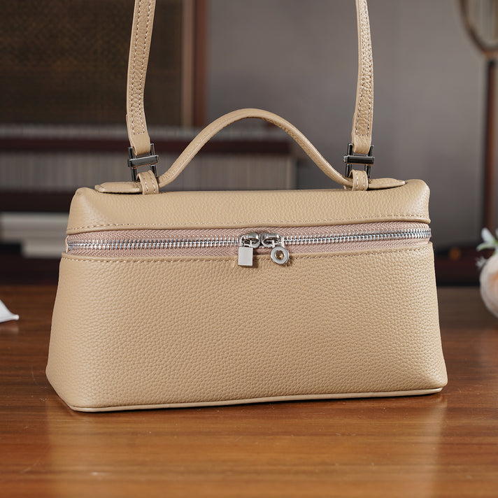 Genuine Leather Designer Minimalist Zipper Crossbody Top Handle Box Bag - Khaki V32625884 2