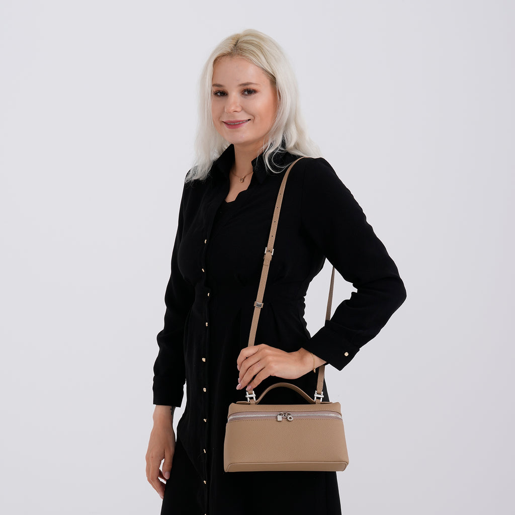 Genuine Leather Designer Minimalist Zipper Crossbody Top Handle Box Bag - Khaki_8419656_2