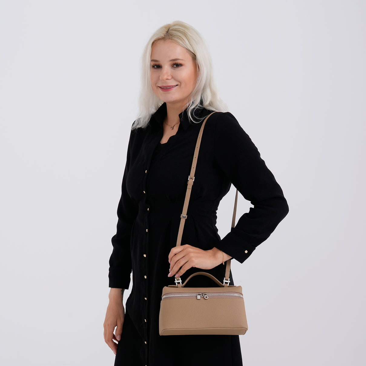 Genuine Leather Designer Minimalist Zipper Crossbody Top Handle Box Bag - Khaki V32520454 3