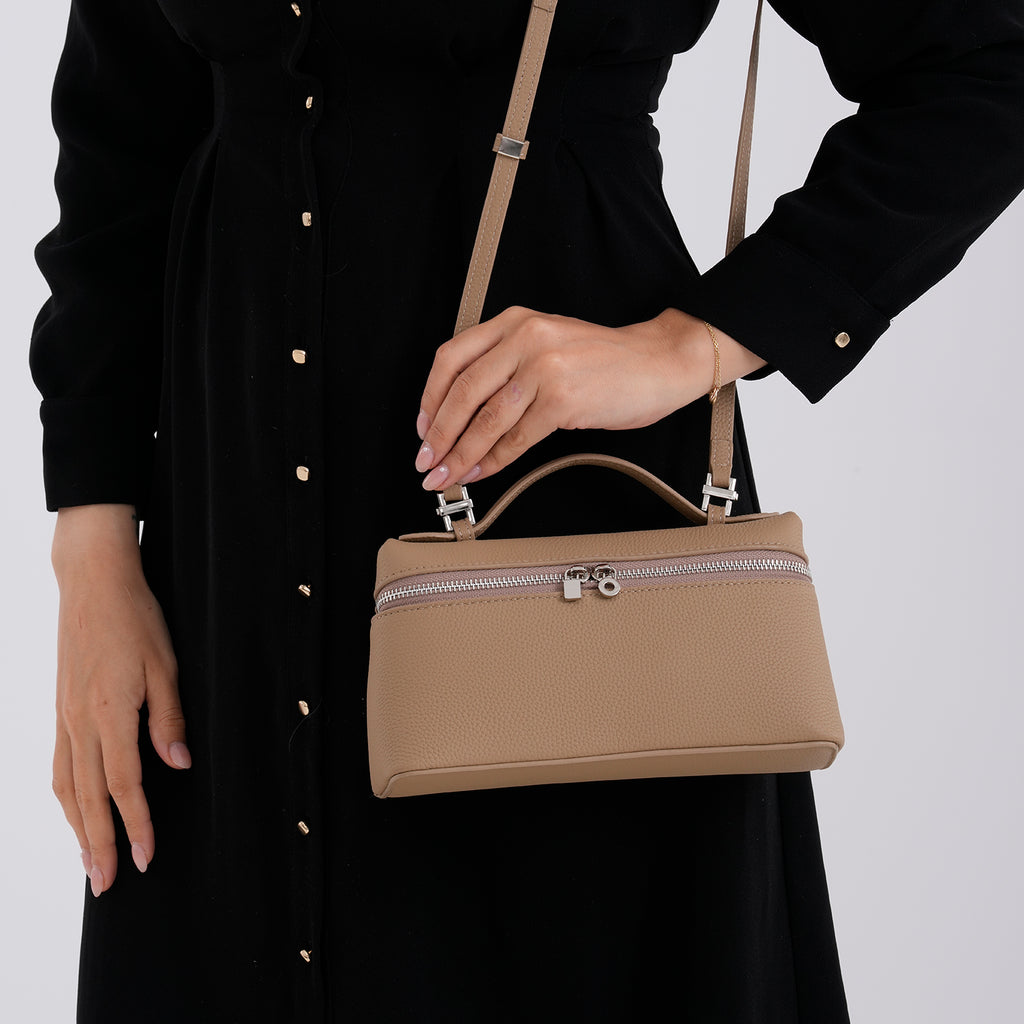 Genuine Leather Designer Minimalist Zipper Crossbody Top Handle Box Bag - Khaki_8419656_3