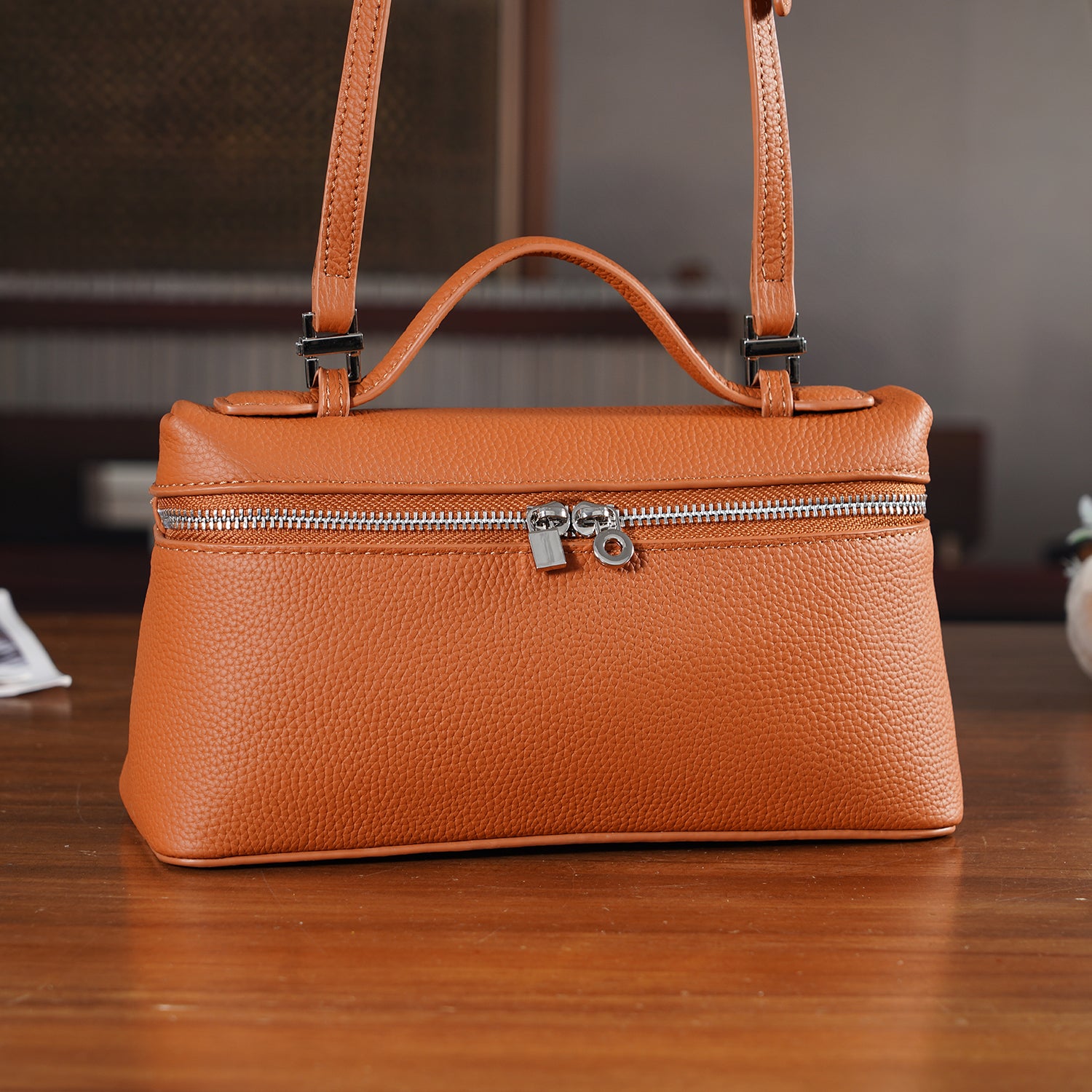 Genuine Leather Designer Minimalist Zipper Crossbody Top Handle Box Bag - Tan V32519465 2