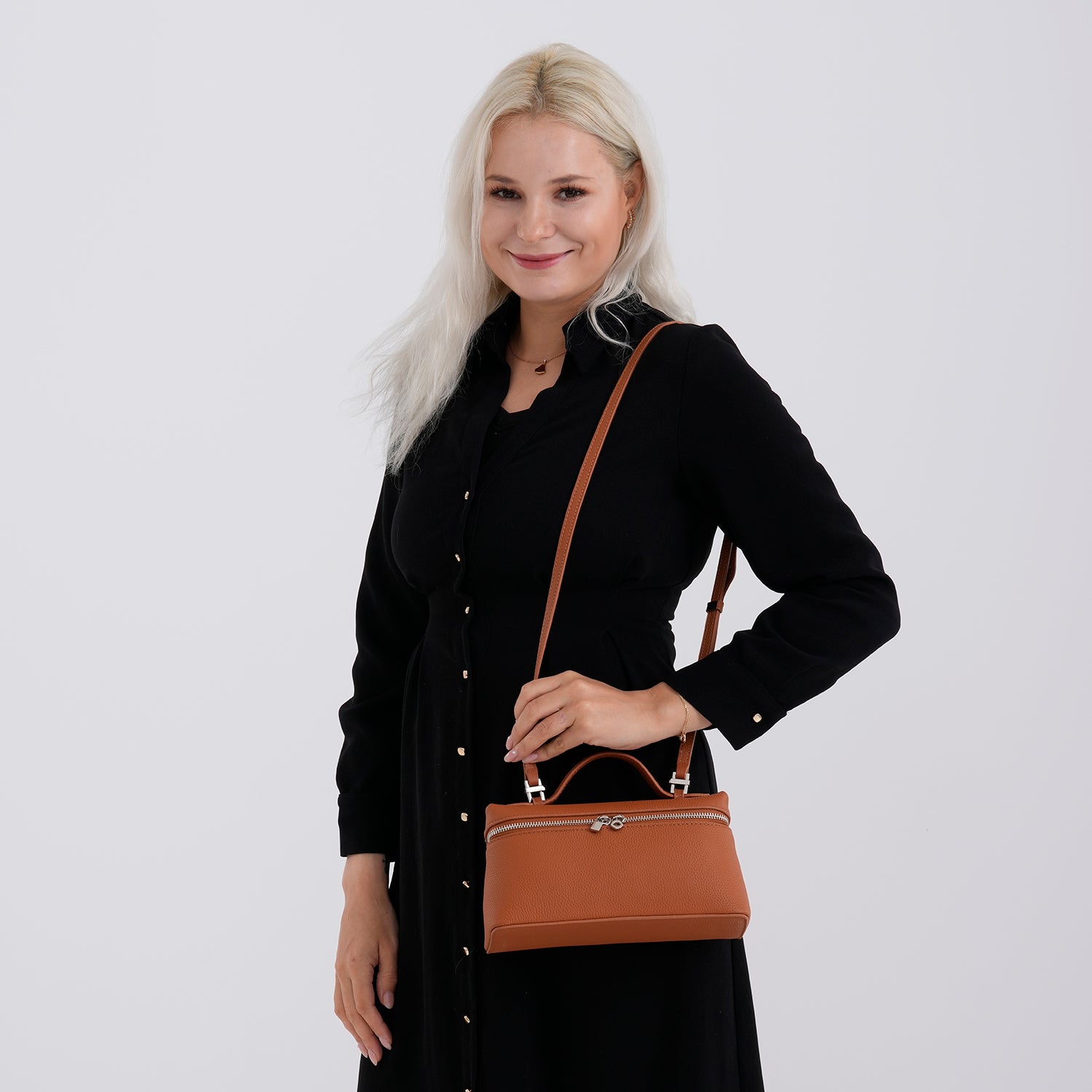 Genuine Leather Designer Minimalist Zipper Crossbody Top Handle Box Bag - Tan V32519465 3