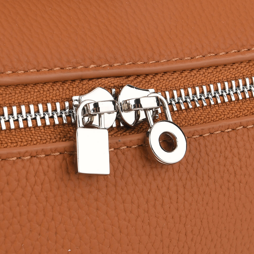 Genuine Leather Designer Minimalist Zipper Crossbody Top Handle Box Bag - Tan_8419657_6