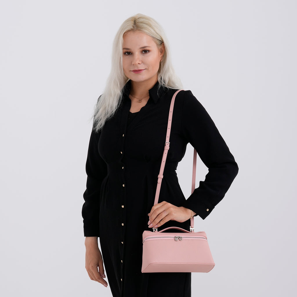 Genuine Leather Designer Minimalist Zipper Crossbody Top Handle Box Bag - Light Pink_8419658_2