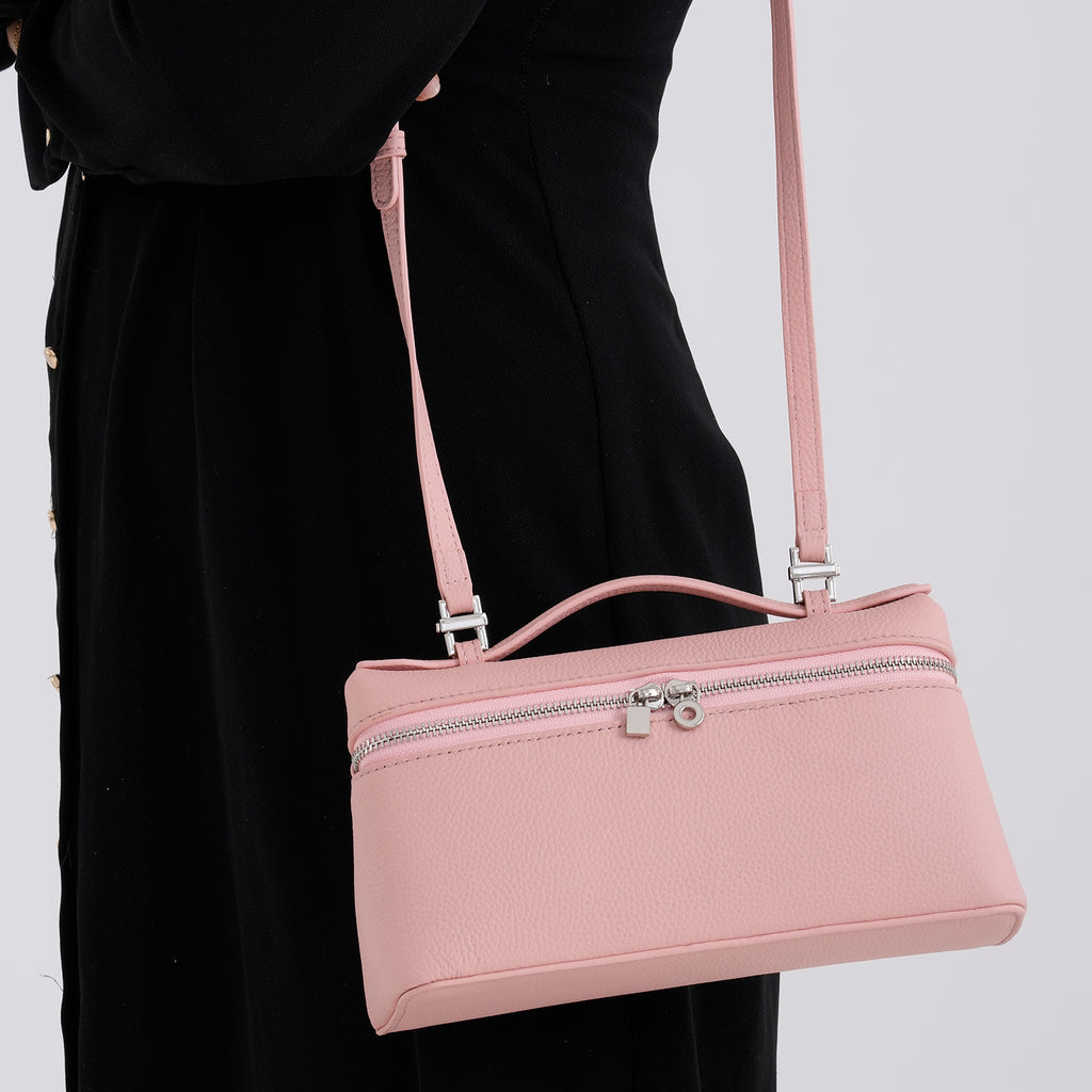 Genuine Leather Designer Minimalist Zipper Crossbody Top Handle Box Bag - Light Pink_8419658_3