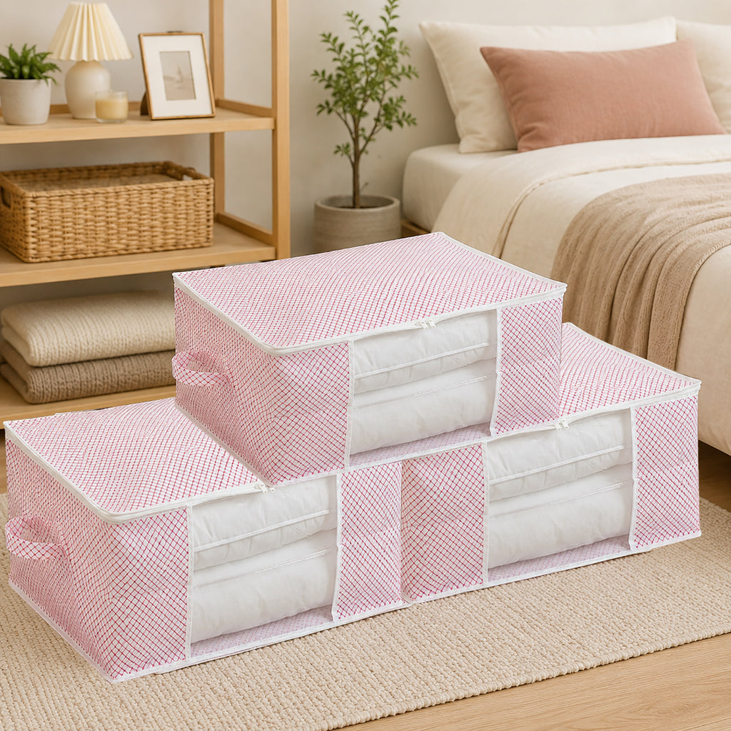 Set of 3 Non-Woven Fabric Storage Organisers with Clear Window & Handle - Pink & White_8420257_1