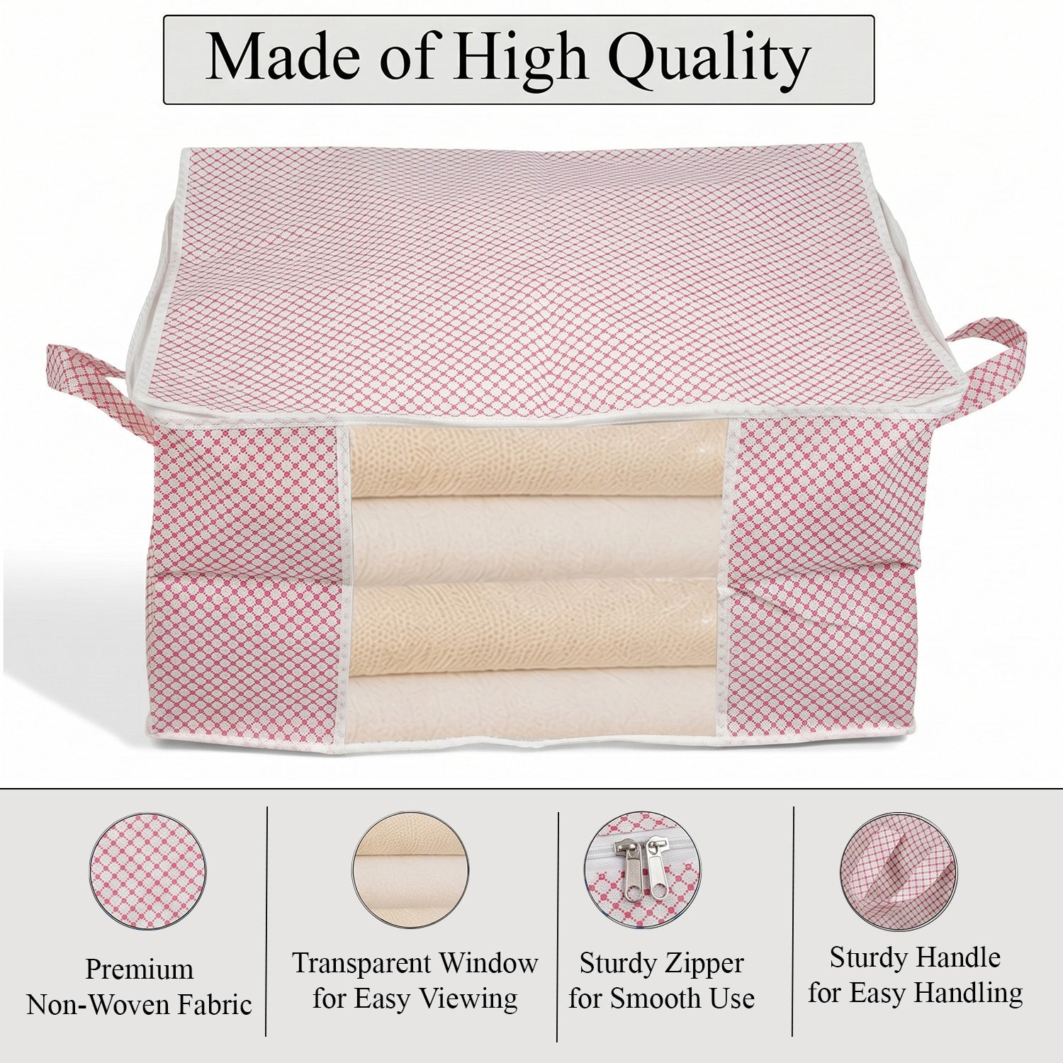 Set of 3 Non-Woven Fabric Storage Organisers with Clear Window &amp; Handle - Pink &amp; White V32491772 3