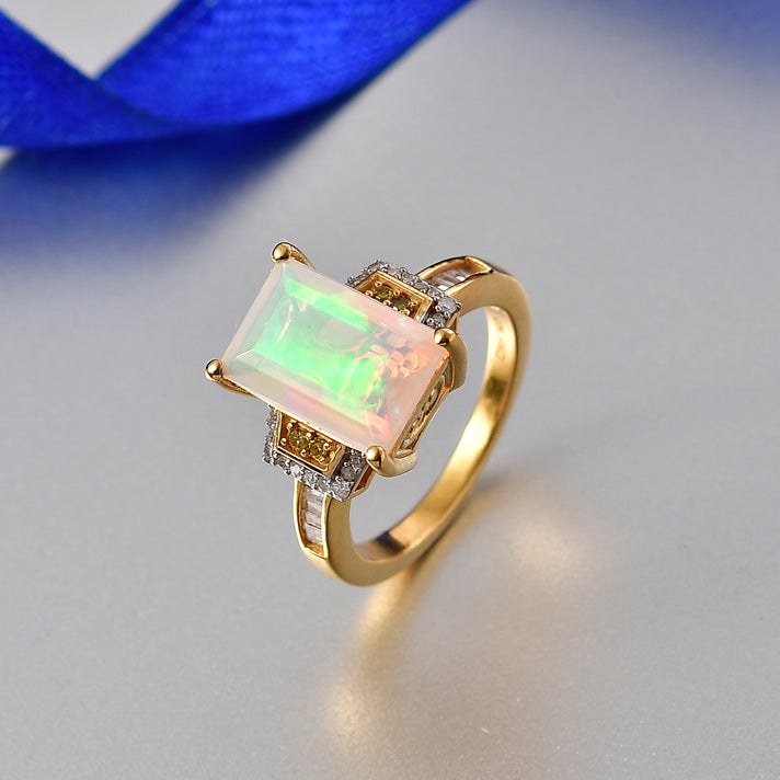 Biggest Size - Faceted Ethiopian Opal, Yellow Diamond and White Diamond Ring in 18K Vermeil Yellow Gold Plated Sterling Silver 2.63 Ct. 8420289 2