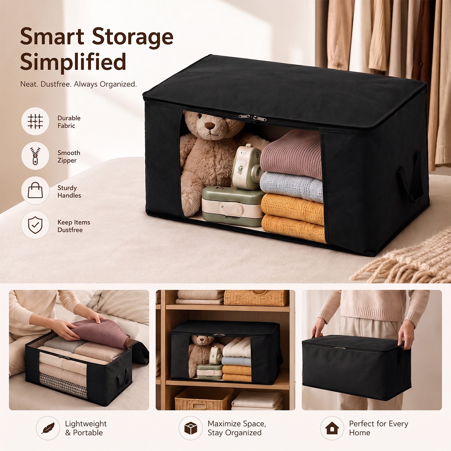 Livmore Set of 5 Non-Woven Fabric Storage Bags with Clear Window (56 x 30 x 41 cm) - Black V32514136 4