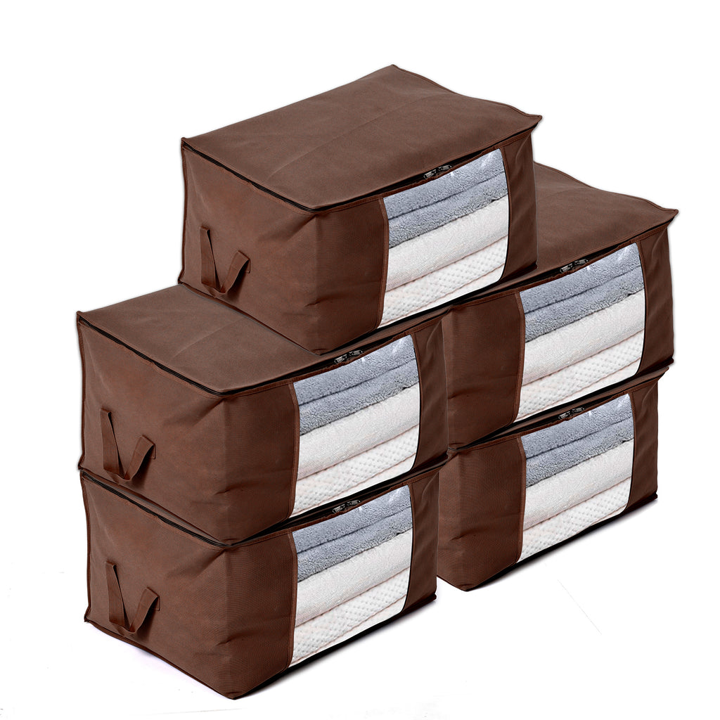 Livmore Set of 5 Non-Woven Fabric Storage Bags with Clear Window (56 x 30 x 41 cm) - Brown_8420490