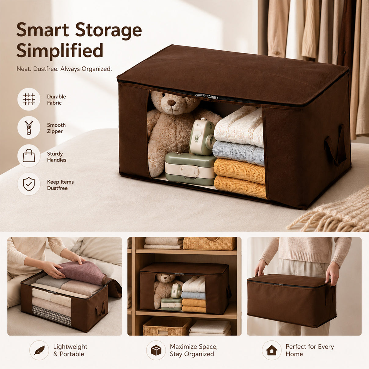 Livmore Set of 5 Non-Woven Fabric Storage Bags with Clear Window (56 x 30 x 41 cm) - Brown V32514124 4