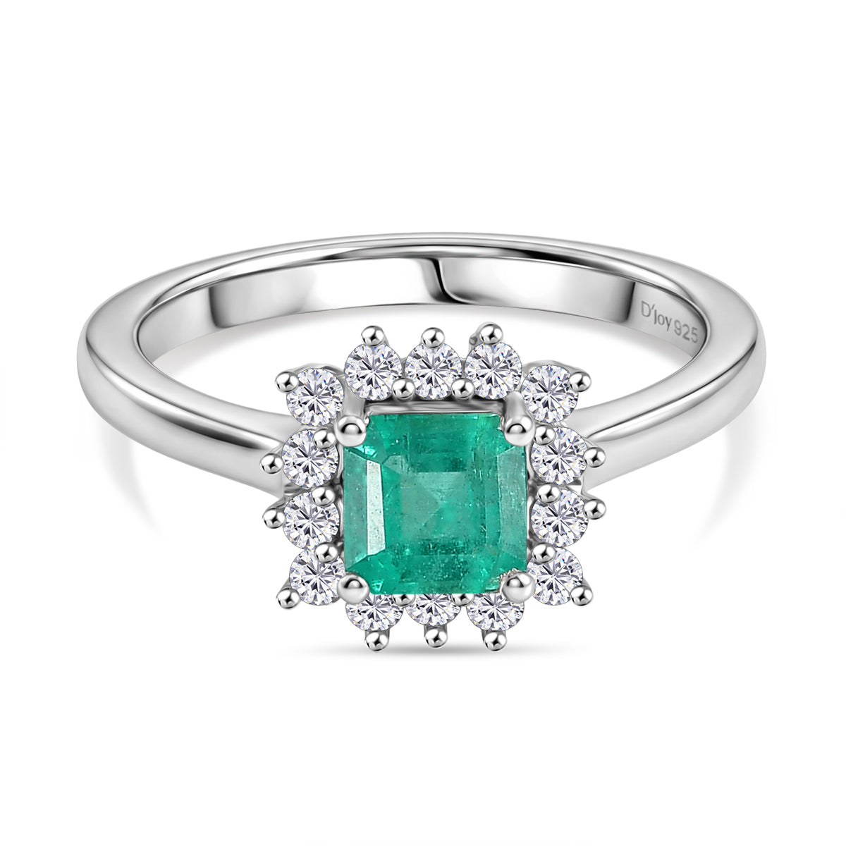 D'Joy AAA Gemfields Zambian Emerald &amp; Lab Grown Diamond Halo Ring in Rhodium Overlay Sterling Silver V32534017 0