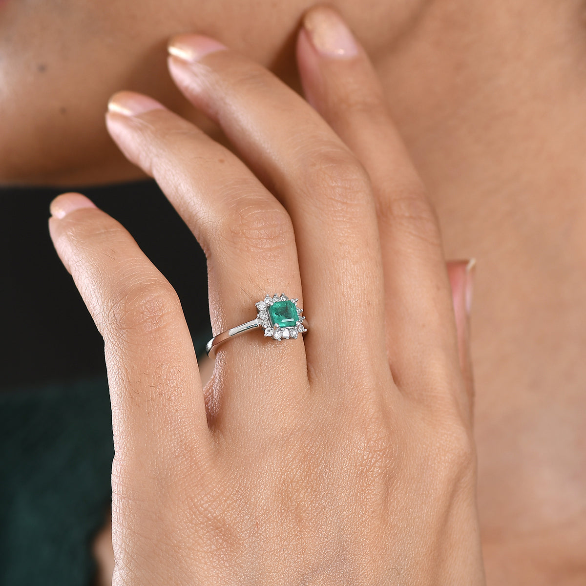 D'Joy AAA Gemfields Zambian Emerald &amp; Lab Grown Diamond Halo Ring in Rhodium Overlay Sterling Silver V32519532 2