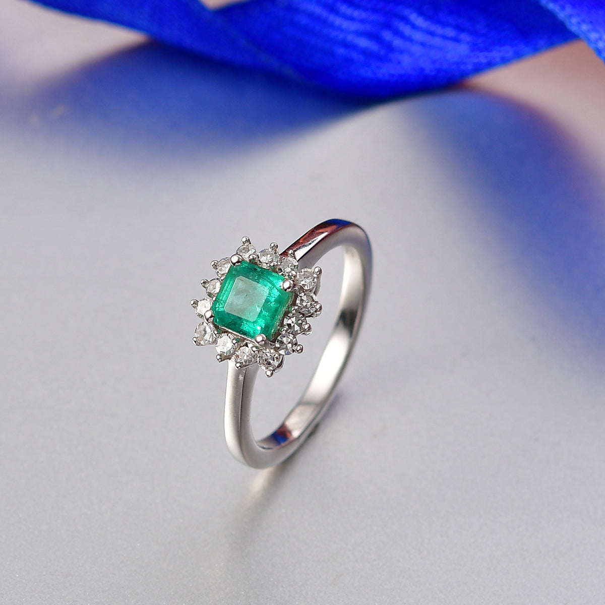 D'Joy AAA Gemfields Zambian Emerald &amp; Lab Grown Diamond Halo Ring in Rhodium Overlay Sterling Silver V32519532 3