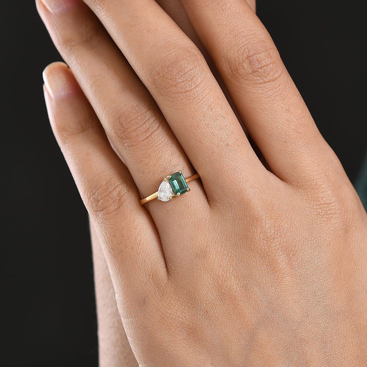 D'Joy AAA Gemfields Zambian Emerald &amp; Moissanite Toi et Moi Ring in 18K Vermeil Yellow Gold Plated Sterling Silver 1.02 Ct. V32519533 2