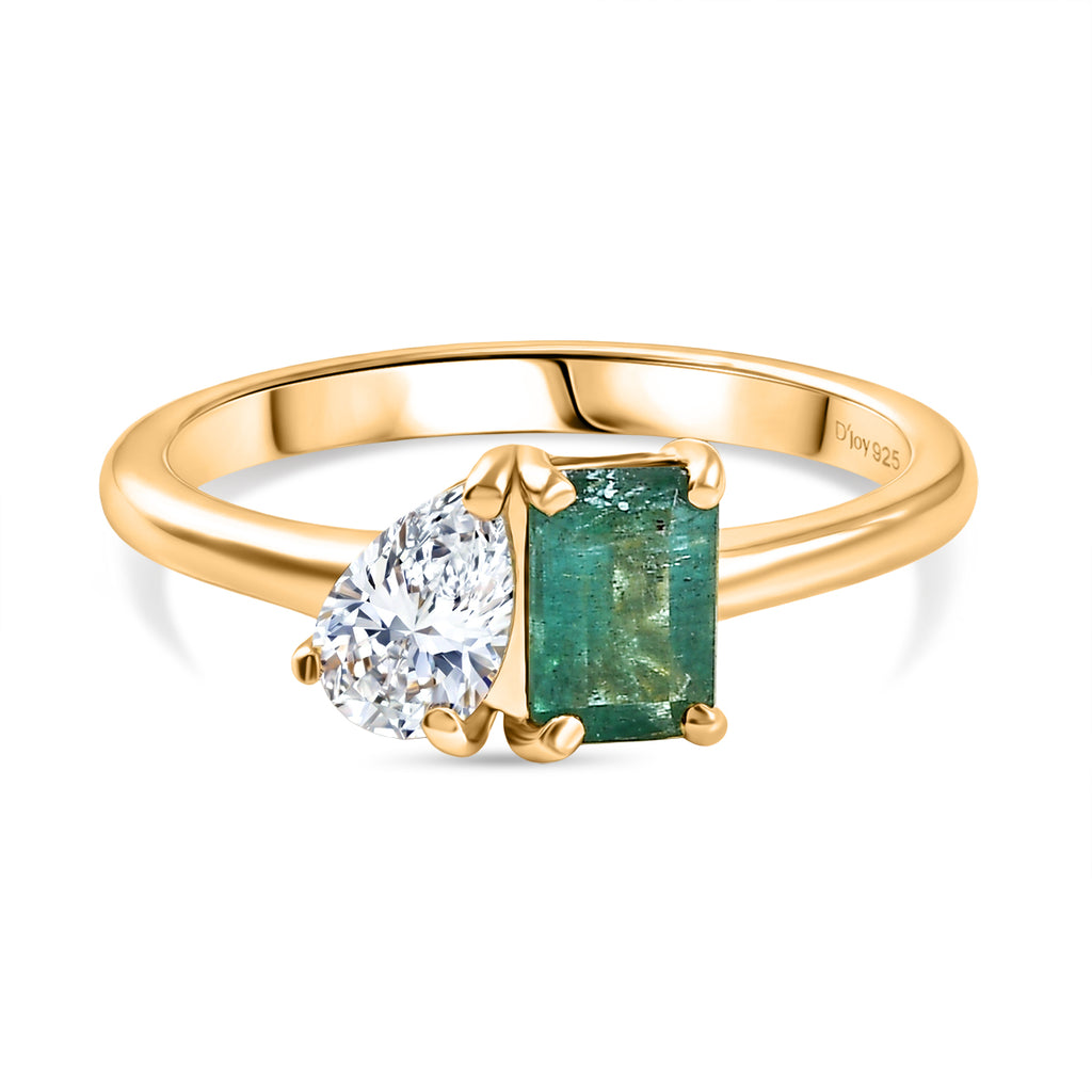 D'Joy AAA Gemfields Zambian Emerald & Moissanite Toi et Moi Ring in 18K Vermeil Yellow Gold Plated Sterling Silver 1.02 Ct._8420922