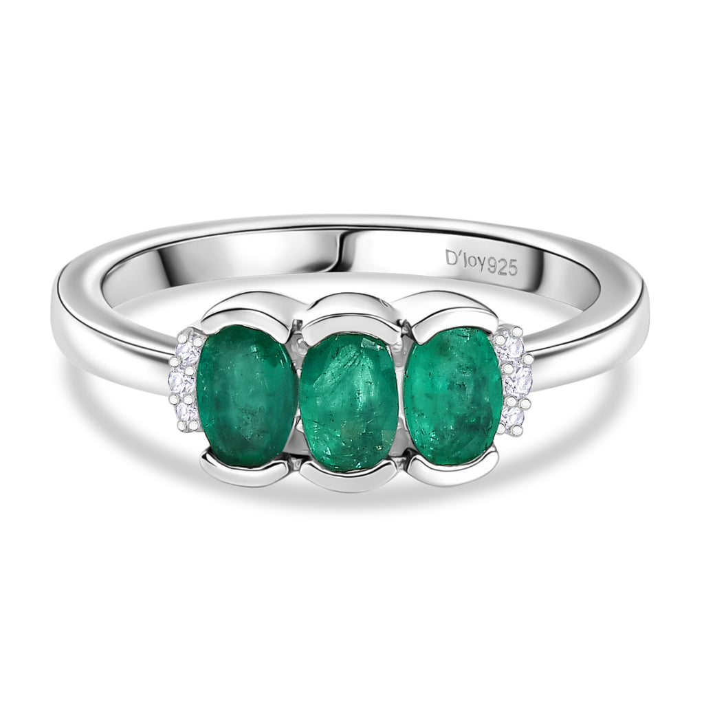 D'Joy AAA Premium Gemfields Zambian Emerald & Lab Grown Diamond Trilogy Ring in Rhodium Overlay Sterling Silver_8420934