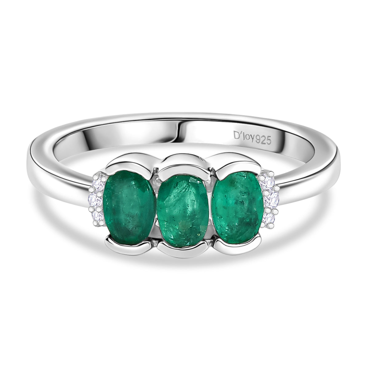 D'Joy AAA Premium Gemfields Zambian Emerald &amp; Lab Grown Diamond Trilogy Ring in Rhodium Overlay Sterling Silver 8420934 0