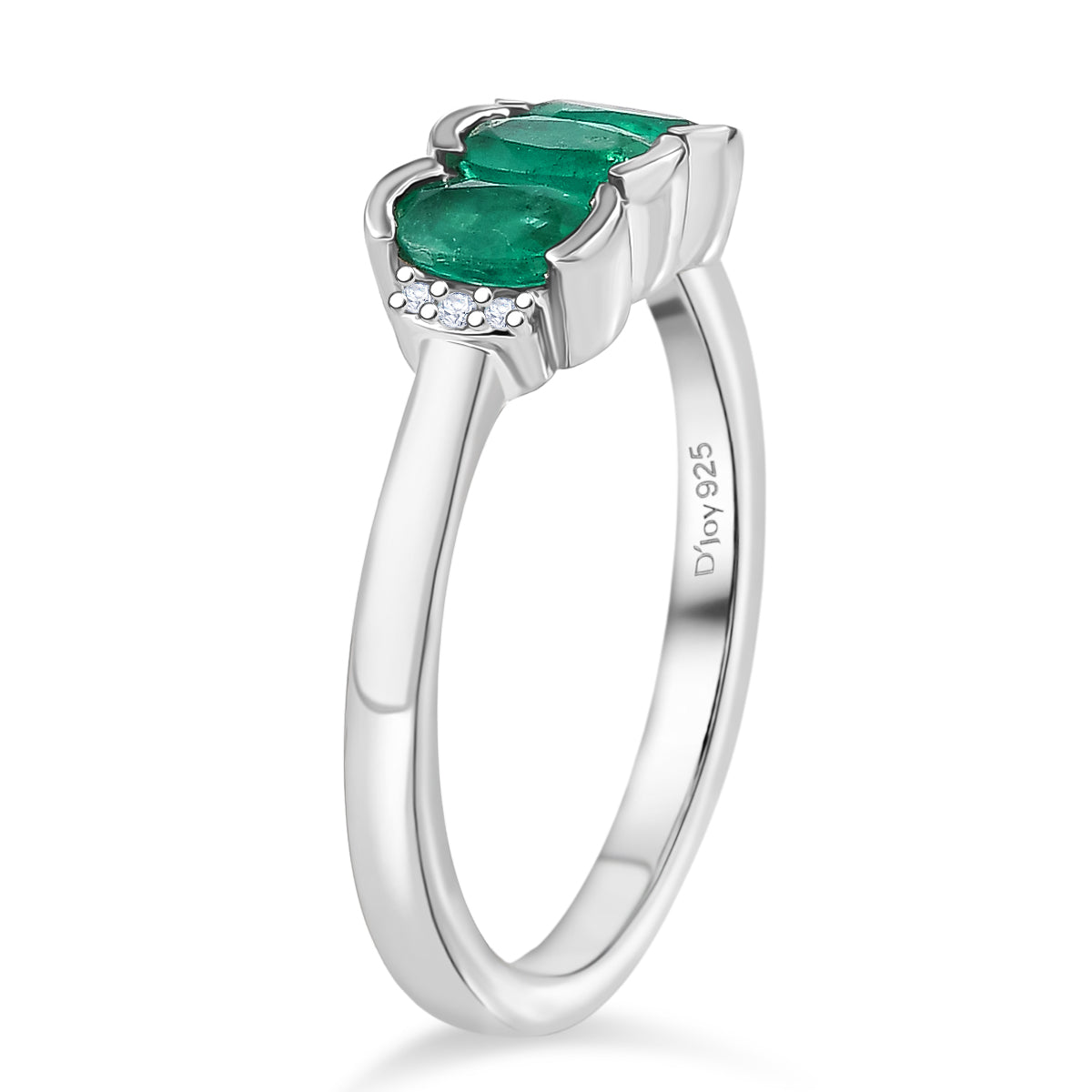 D'Joy AAA Premium Gemfields Zambian Emerald &amp; Lab Grown Diamond Trilogy Ring in Rhodium Overlay Sterling Silver 8420934 4