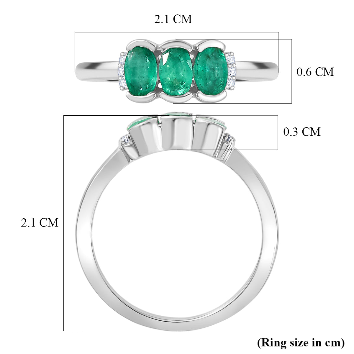 D'Joy AAA Premium Gemfields Zambian Emerald &amp; Lab Grown Diamond Trilogy Ring in Rhodium Overlay Sterling Silver 8420934 6