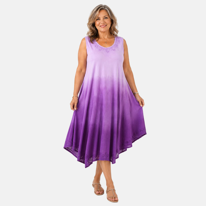 La Marey Ombre Tie Dye Umbrella Dress with Embroidered Neck &amp; Hem (One Size, 10-22) - Purple 8420969 1