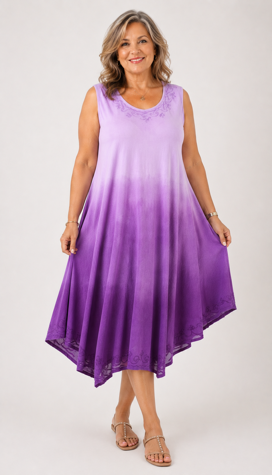 La Marey Ombre Tie Dye Umbrella Dress with Embroidered Neck & Hem (One Size, 10-22) - Purple_8420969