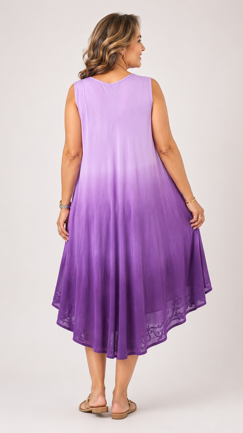 La Marey Ombre Tie Dye Umbrella Dress with Embroidered Neck &amp; Hem (One Size, 10-22) - Purple 8420969 2