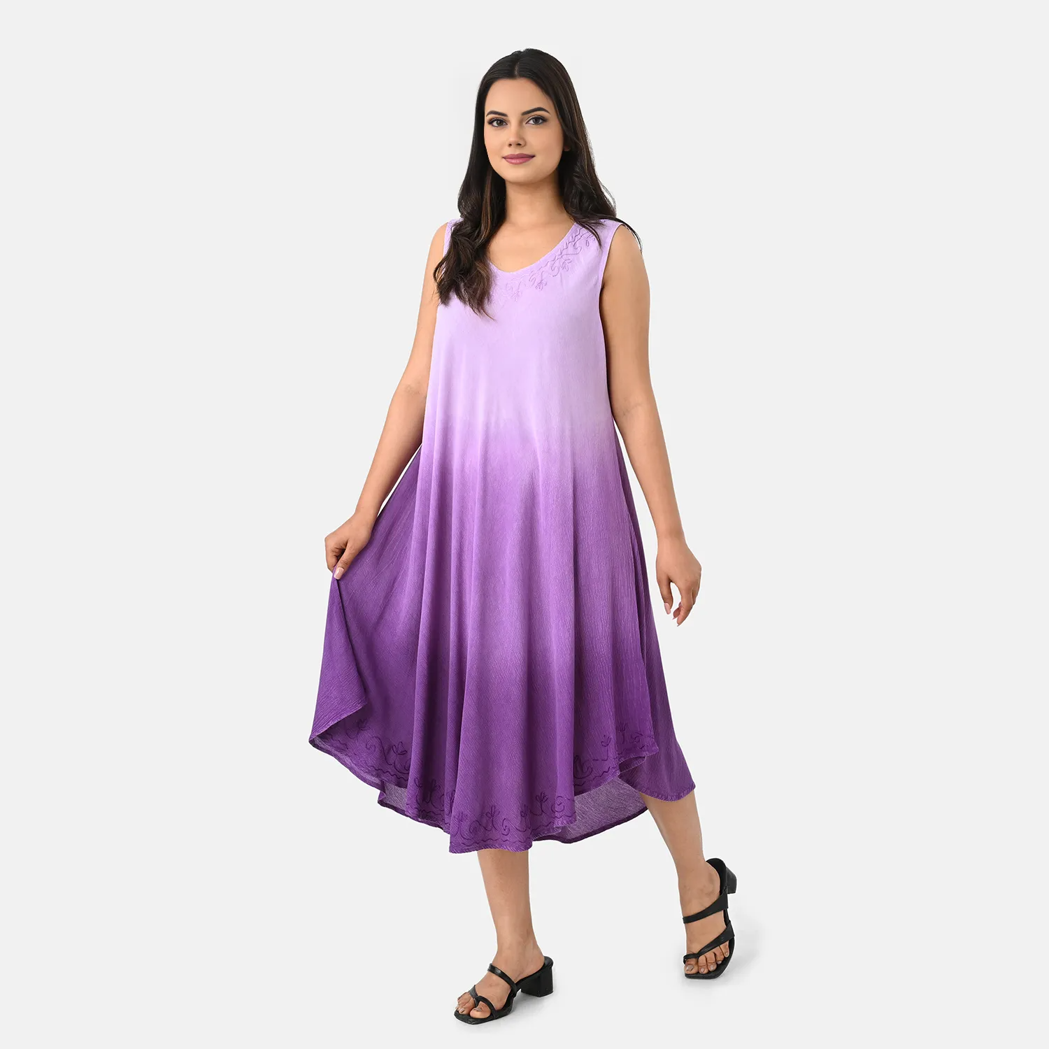 La Marey Ombre Tie Dye Umbrella Dress with Embroidered Neck &amp; Hem (One Size, 10-22) - Purple 8420969 4