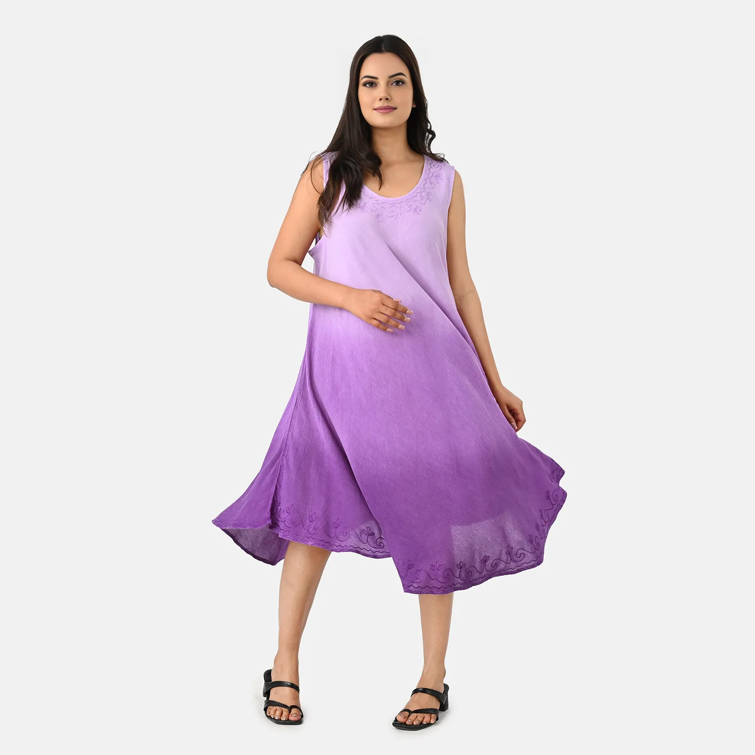La Marey Ombre Tie Dye Umbrella Dress with Embroidered Neck &amp; Hem (One Size, 10-22) - Purple 8420969 5